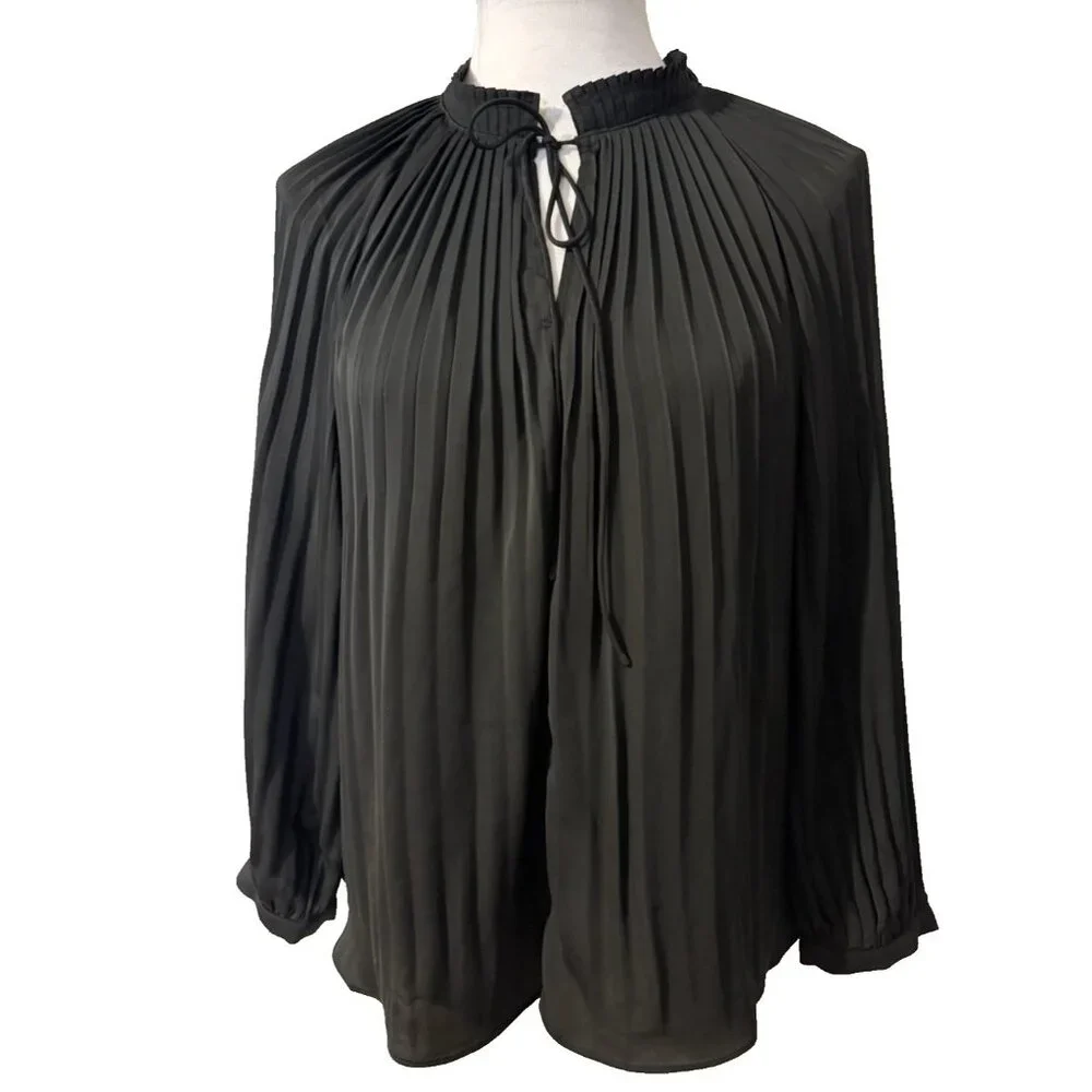 Current Air Top Blouse Shirt M Medium Black Pleated Tie Long Sleeve Washable